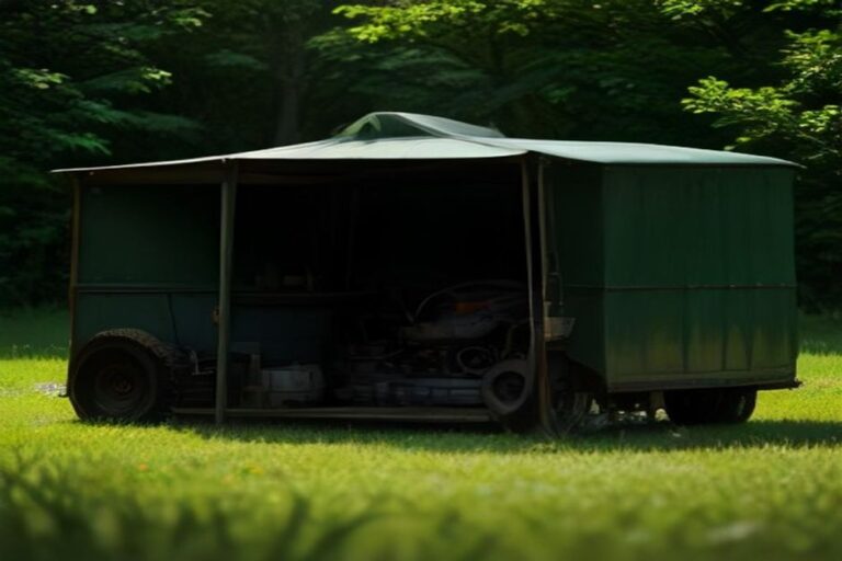 A lawn mower open on a workshop bench