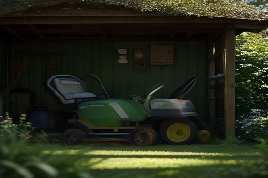 A lawn mower stored in a garden shed