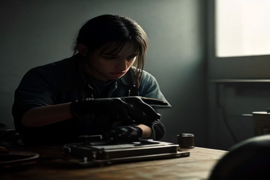 A mechanic working on a small petrol engine