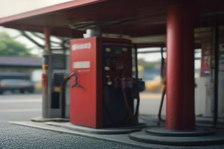 A petrol pump nozzle filling a red fuel can