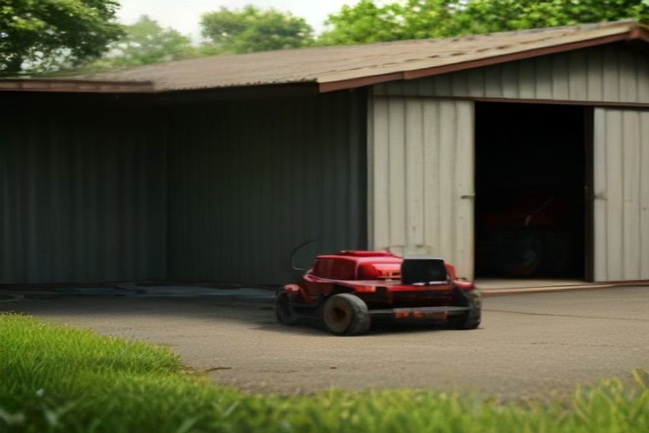 A red petrol can beside a lawn mower