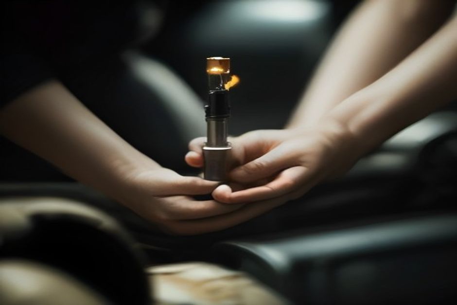 A spark plug being removed from a small engine