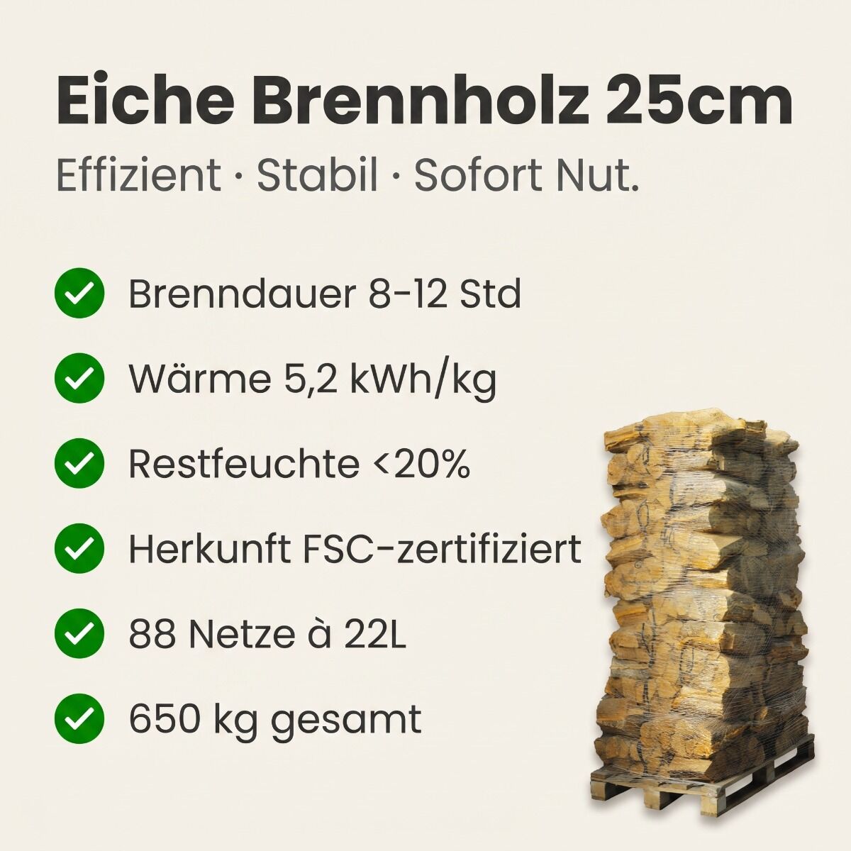 88 Netze Kammergetrocknetes gespalten Eiche Brennholz 25cm – Bild 2