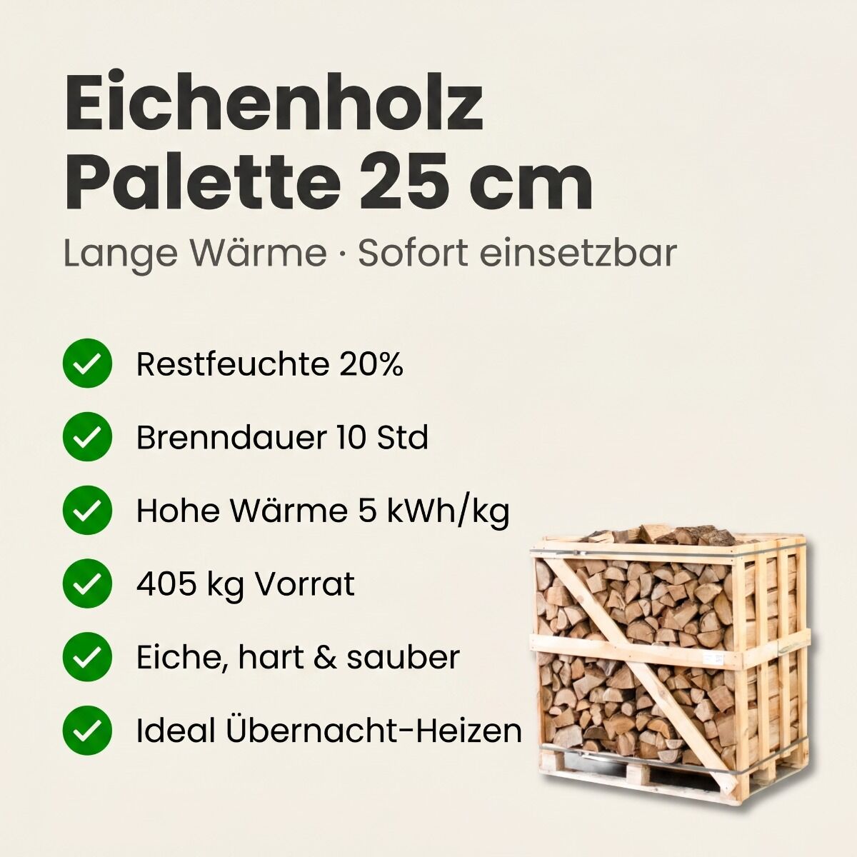 Halbe Palette kammergetrocknetes gespalten Eiche Brennholz 25cm – Bild 2