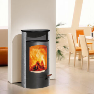 Austroflamm Koko 2.0 Kaminofen Speckstein, Warmhaltefach Keramik Schwarz matt, Topplatte Keramik Schwarz matt, RRA hinten