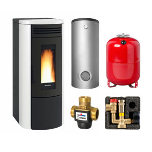Extraflame COSTANZA IDRO 16 wasserführender Pelletofen weiß - TPSM 600 Hochleistungs-Pufferspeicher montiert silber -Heizungsausdehnungsgefäß 80 L