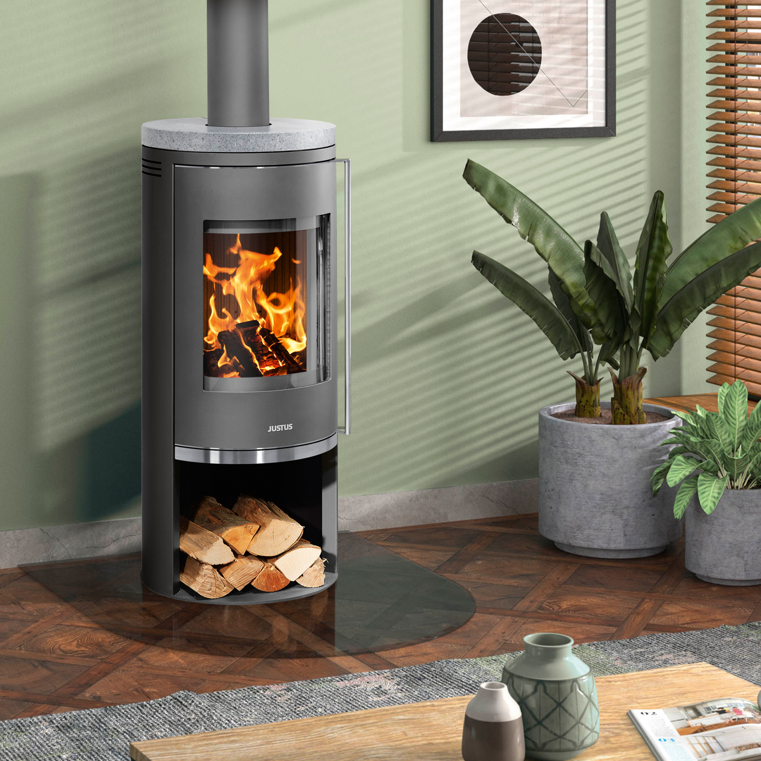 Justus Faro 2.0 Kaminofen Stahl Gussgrau mit Speckstein-Abdeckplatte