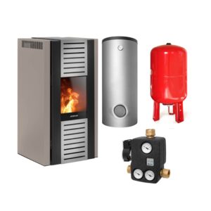 Justus Sirkos Aqua 2.0 wasserführender Pelletofen Stahl Taupe - TPSM 300 Hochleistungs-Pufferspeicher montiert silber - Heizungsausdehnungsgefäß 80 L