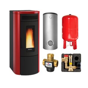 Extraflame COSTANZA IDRO 5.0 wasserführender Pelletofen bordeaux - TPSM 600 Hochleistungs-Pufferspeicher montiert silber -Heizungsausdehnungsgefäß 80 L