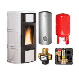 Extraflame ISIDE IDRO 5.0.16 wasserführender Pelletofen weiß - THKE/F 600 Kombi-Speicher montiert silber -Heizungsausdehnungsgefäß 80 L