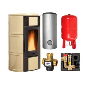 Extraflame ISIDE IDRO 5.0.16 wasserführender Pelletofen Pergament Beige - TPSM 600 Hochleistungs-Pufferspeicher montiert silber -Heizungsausdehnungsgefäß 80 L