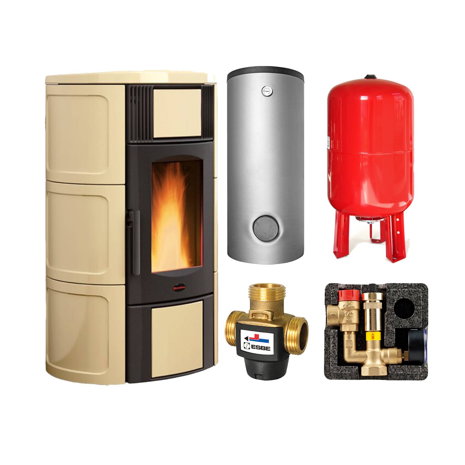 Extraflame ISIDE IDRO 5.0.16 wasserführender Pelletofen Pergament Beige - TPSM 600 Hochleistungs-Pufferspeicher montiert silber -Heizungsausdehnungsgefäß 80 L