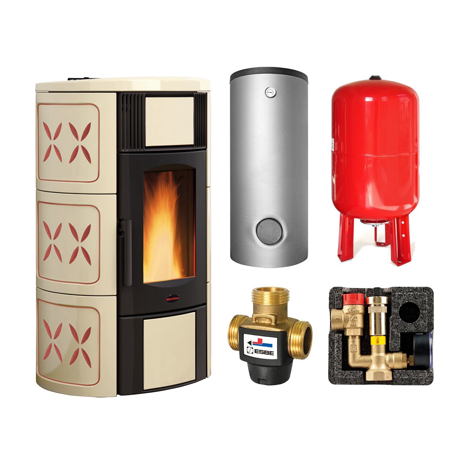 Extraflame ISIDE IDRO 5.0.16 wasserführender Pelletofen Pergament Amethyst - TPSM 600 Hochleistungs-Pufferspeicher montiert silber -Heizungsausdehnungsgefäß 80 L
