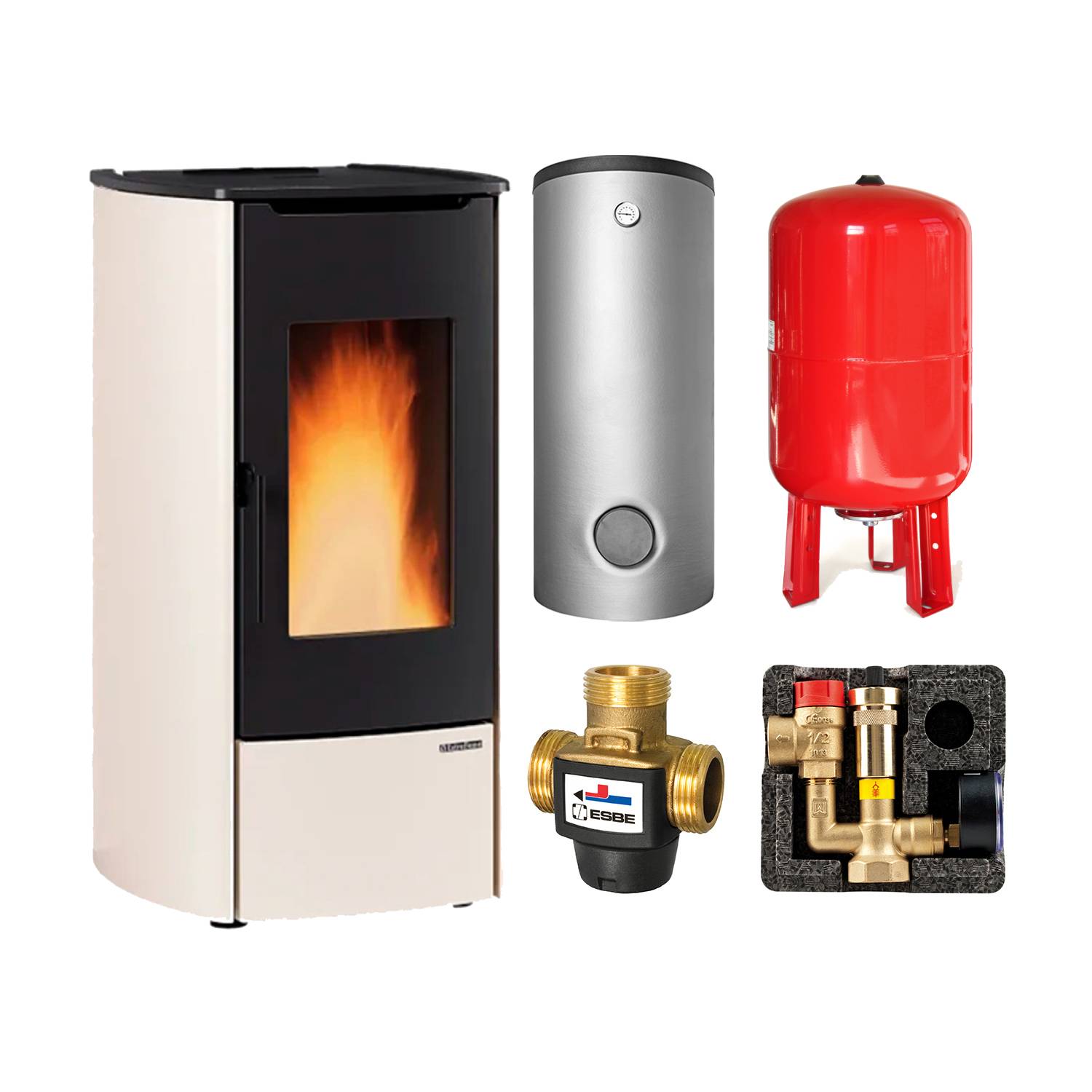 Extraflame Marina Idro 16. H11 wasserführender Pelletofen Stahl Elfenbein - TPSM 600 Hochleistungs-Pufferspeicher montiert silber -Heizungsausdehnungsgefäß 80 L