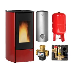 Extraflame Marina Idro 16. H11 wasserführender Pelletofen Stahl Bordeaux - TPSM 600 Hochleistungs-Pufferspeicher montiert silber -Heizungsausdehnungsgefäß 80 L