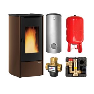 Extraflame Marina Idro 16. H11 wasserführender Pelletofen Stahl Bronze - TPSM 600 Hochleistungs-Pufferspeicher montiert silber -Heizungsausdehnungsgefäß 80 L