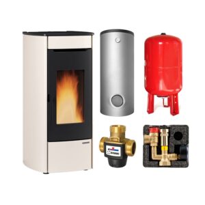 Extraflame Marina Idro 16 H13 wasserführender Pelletofen Stahl Elfenbein - THKE/F 600 Kombi-Speicher montiert silber -Heizungsausdehnungsgefäß 80 L