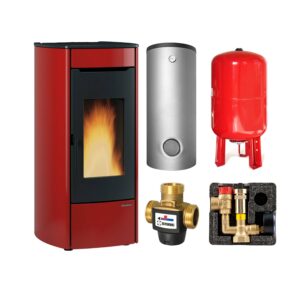 Extraflame Marina Idro 16 H13 wasserführender Pelletofen Stahl Bordeaux - TPSM 600 Hochleistungs-Pufferspeicher montiert silber -Heizungsausdehnungsgefäß 80 L