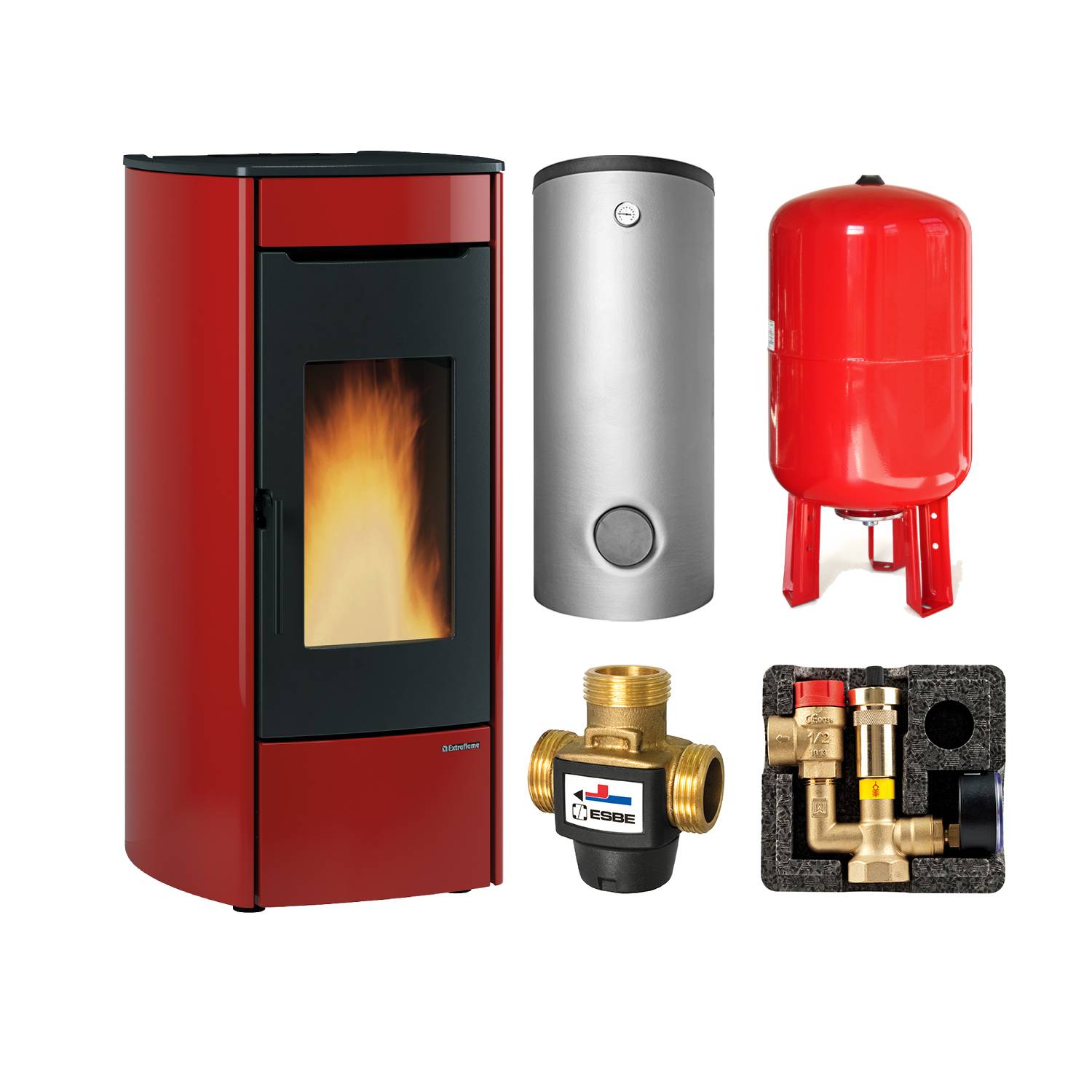 Extraflame Marina Idro 16 H13 wasserführender Pelletofen Stahl Bordeaux - TPSM 600 Hochleistungs-Pufferspeicher montiert silber -Heizungsausdehnungsgefäß 80 L
