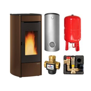 Extraflame Marina Idro 16 H13 wasserführender Pelletofen Stahl Bronze - TPSM 600 Hochleistungs-Pufferspeicher montiert silber -Heizungsausdehnungsgefäß 80 L