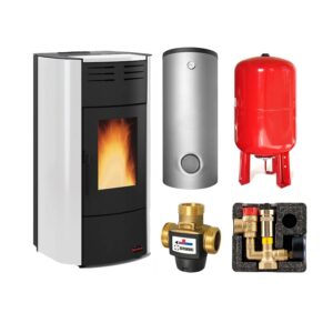 Extraflame RAFFAELLA IDRO H15 5.0.16 wasserführender Pelletofen Stahl weiß - TPSM 600 Hochleistungs-Pufferspeicher montiert silber -Heizungsausdehnungsgefäß 80 L