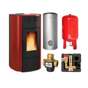 Extraflame RAFFAELLA IDRO H15 5.0.16 wasserführender Pelletofen Stahl Bordeaux - TPSM 600 Hochleistungs-Pufferspeicher montiert silber -Heizungsausdehnungsgefäß 80 L