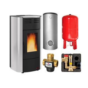 Extraflame RAFFAELLA IDRO H15 5.0.16 wasserführender Pelletofen Stahl GRLC grau - TPSM 600 Hochleistungs-Pufferspeicher montiert silber -Heizungsausdehnungsgefäß 80 L
