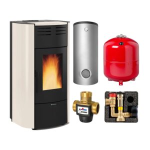 Extraflame Raffaella Idro H18 5.0.16 Wasserführender Pelletofen Stahl AVOR elfenbein - TPSM 825 Hochleistungs-Pufferspeicher montiert silber - Heizungsausdehnungsgefäß 100 L