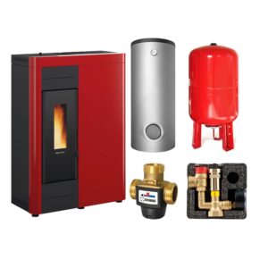 Extraflame VIRNA IDRO.16 wasserführender Pelletofen Stahl Bordeaux - TPSM 600 Hochleistungs-Pufferspeicher montiert silber - Heizungsausdehnungsgefäß 80 L