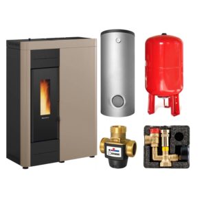 Extraflame VIRNA IDRO.16 wasserführender Pelletofen Stahl TOMA taupe - TPSM 600 Hochleistungs-Pufferspeicher montiert silber - Heizungsausdehnungsgefäß 80 L